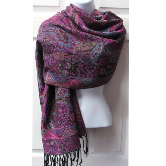 Multicolor Black Purple Pink Paisley Pashmina Scarf Shawl Wrap Brand New - Picture 3 of 4